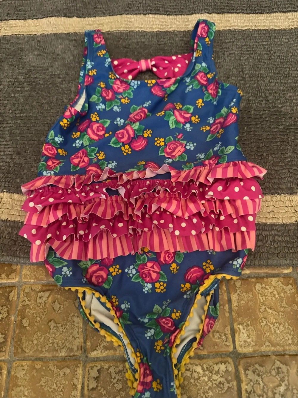 Matilda Jane Blue Floral Ruffle Swim One-Piece with Pink Accents
